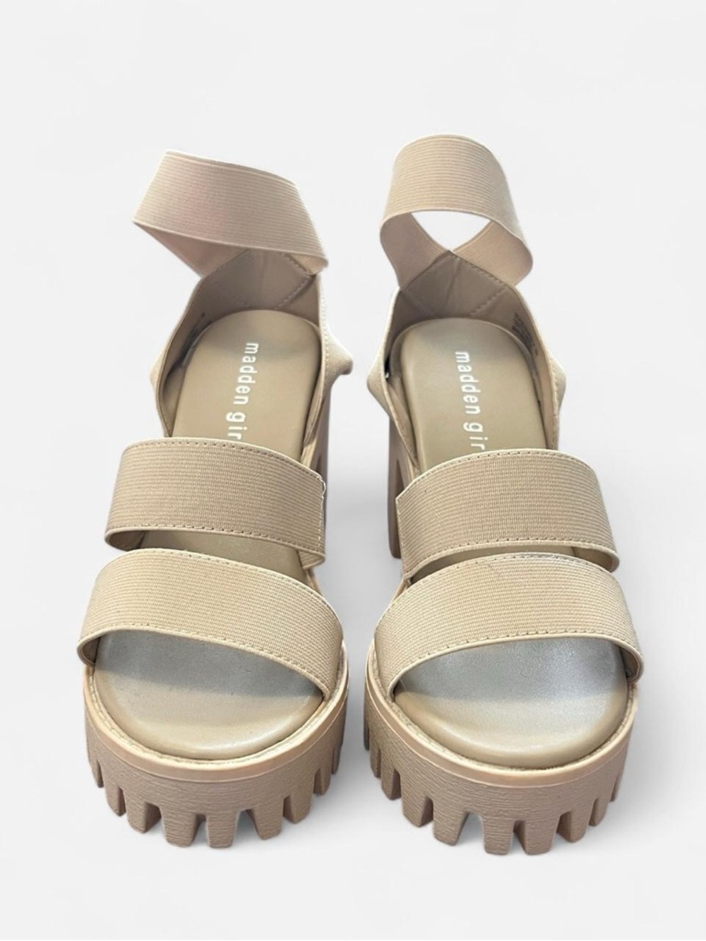 Madden Girl Templee Platform Block Heel Sandal in Sand Stretch - Picture 3 of 6